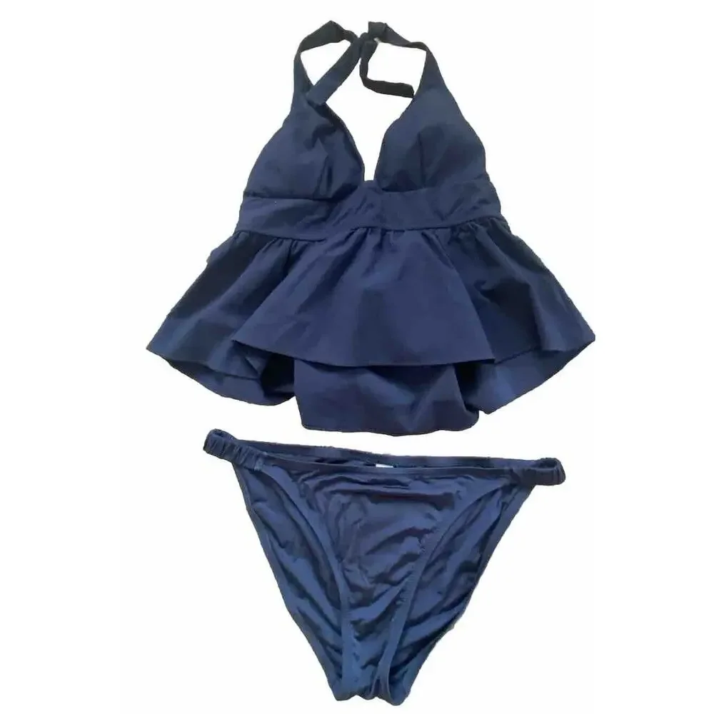 New J.Crew Navy Ruffled 2-pc Bikini Set Swim Suit Tank Top w Bikini Bottom MED